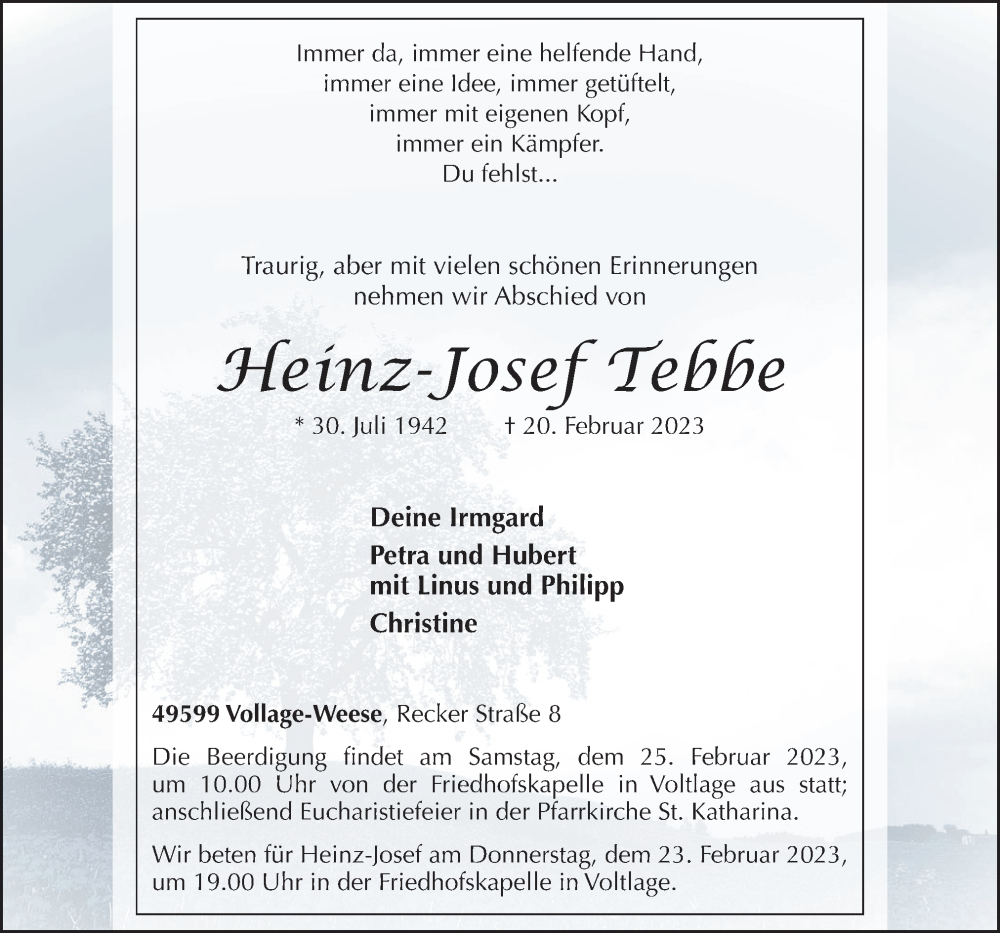  Traueranzeige für Heinz-Josef Tebbe vom 22.02.2023 aus Neue Osnabrücker Zeitung GmbH & Co. KG