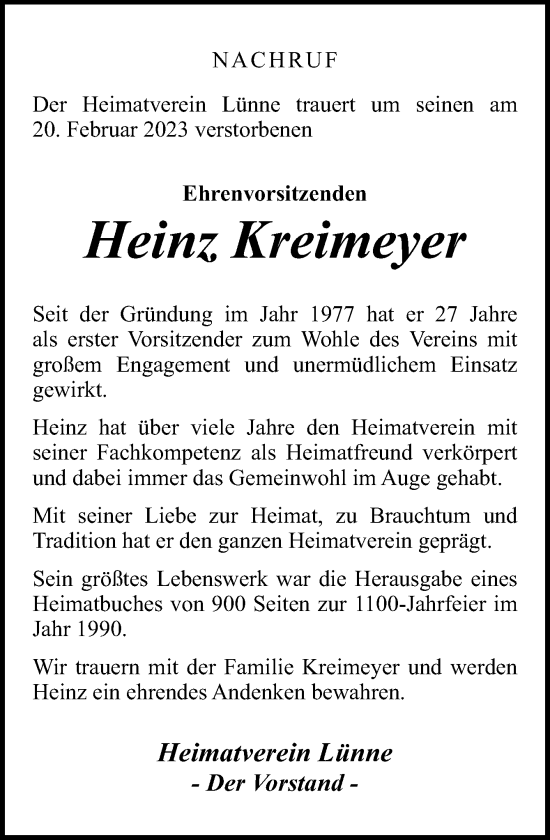 Traueranzeige von Heinz Kreimeyer von Neue Osnabrücker Zeitung GmbH & Co. KG