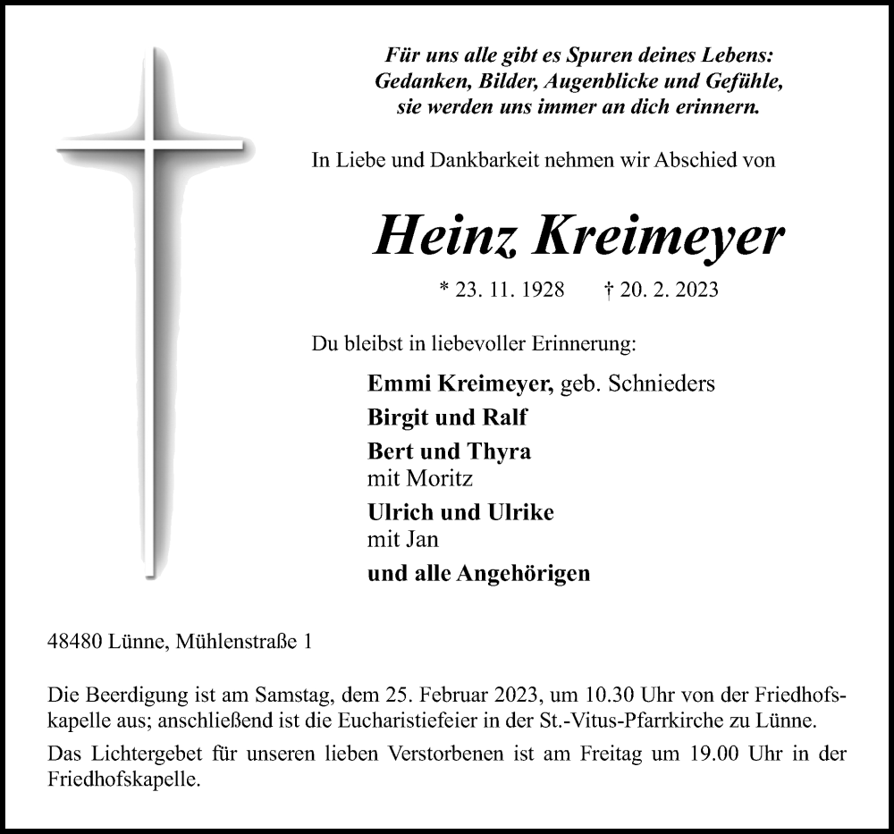  Traueranzeige für Heinz Kreimeyer vom 23.02.2023 aus Neue Osnabrücker Zeitung GmbH & Co. KG