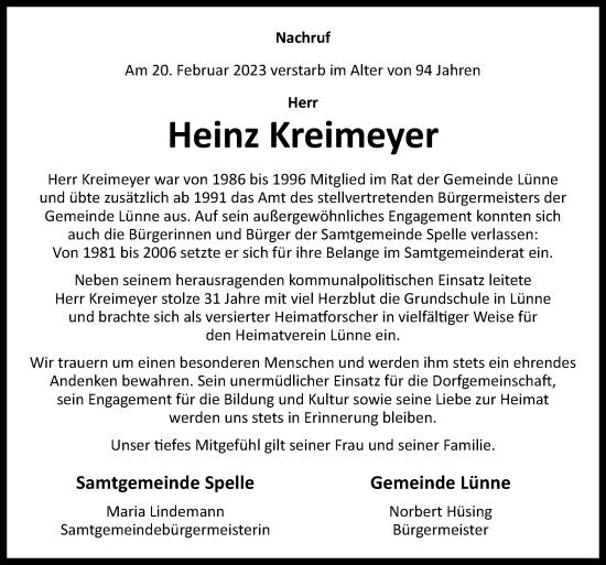 Traueranzeige von Heinz Kreimeyer von Neue Osnabrücker Zeitung GmbH & Co. KG