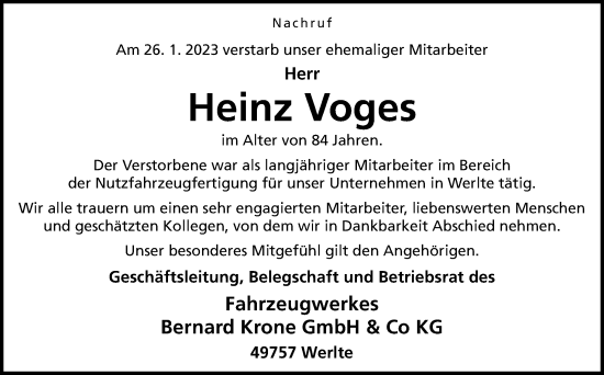 Traueranzeige von Heinz Voges von Neue Osnabrücker Zeitung GmbH & Co. KG