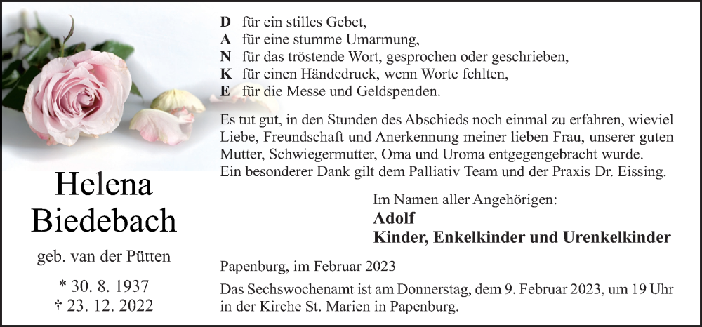  Traueranzeige für Helena Biedebach vom 04.02.2023 aus Neue Osnabrücker Zeitung GmbH & Co. KG