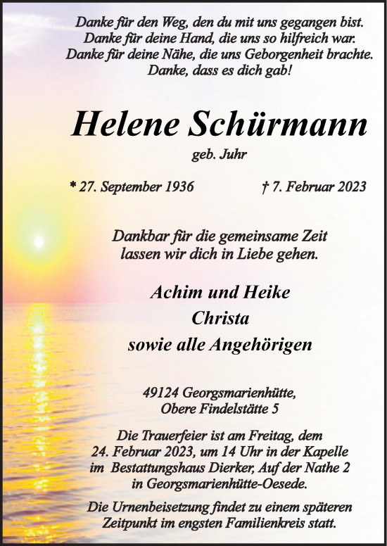 Traueranzeige von Helene Schürmann von Neue Osnabrücker Zeitung GmbH & Co. KG