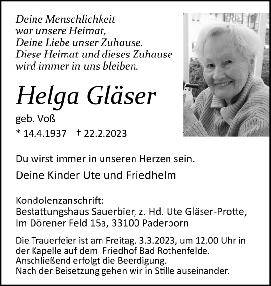 Traueranzeige von Helga Gläser von Neue Osnabrücker Zeitung GmbH & Co. KG