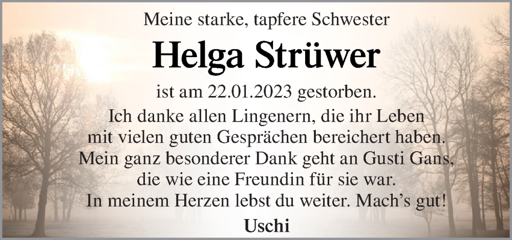  Traueranzeige für Helga Strüwer vom 08.02.2023 aus Neue Osnabrücker Zeitung GmbH & Co. KG