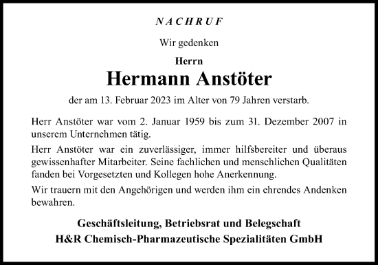 Traueranzeige von Hermann Anstöter von Neue Osnabrücker Zeitung GmbH & Co. KG