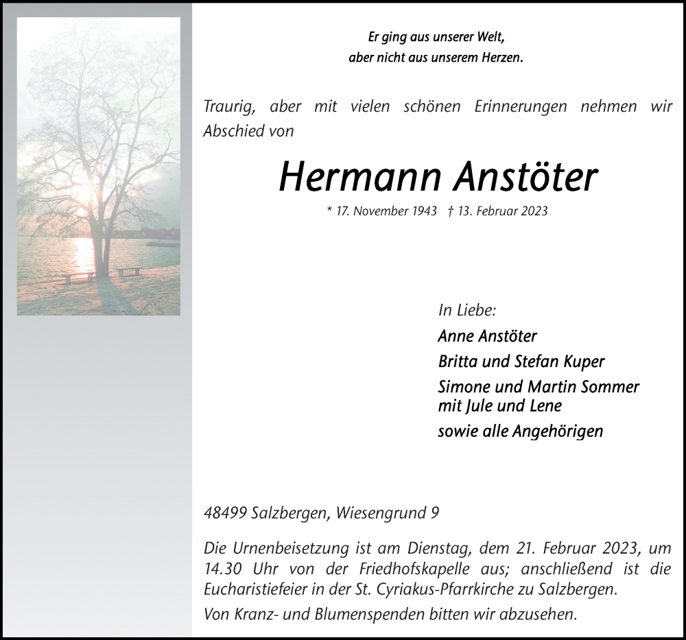  Traueranzeige für Hermann Anstöter vom 16.02.2023 aus Neue Osnabrücker Zeitung GmbH & Co. KG