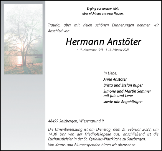 Traueranzeige von Hermann Anstöter von Neue Osnabrücker Zeitung GmbH & Co. KG