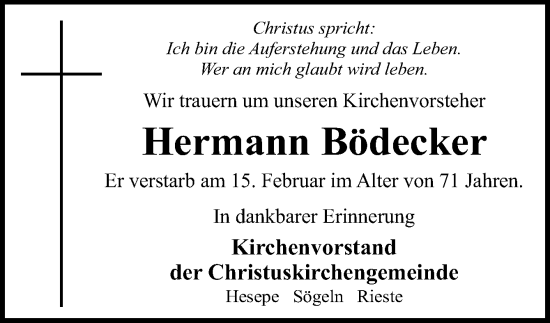 Traueranzeige von Hermann Bödecker von Neue Osnabrücker Zeitung GmbH & Co. KG
