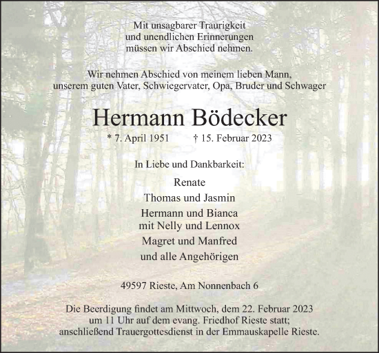 Traueranzeige von Hermann Bödecker von Neue Osnabrücker Zeitung GmbH & Co. KG