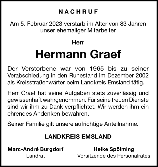 Traueranzeige von Hermann Graef von Neue Osnabrücker Zeitung GmbH & Co. KG