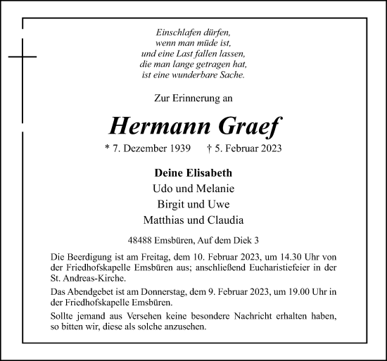 Traueranzeige von Hermann Graef von Neue Osnabrücker Zeitung GmbH & Co. KG