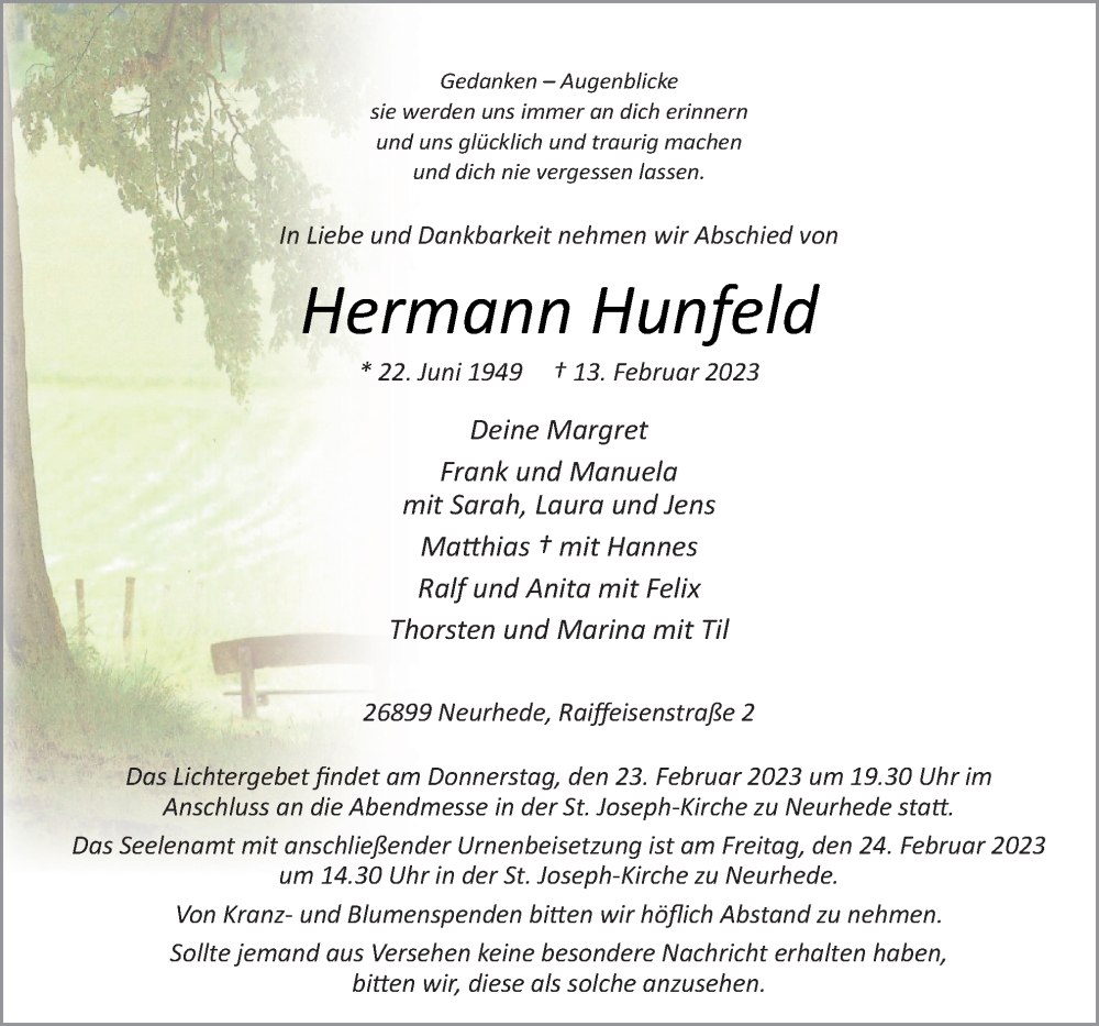  Traueranzeige für Hermann Hunfeld vom 18.02.2023 aus Neue Osnabrücker Zeitung GmbH & Co. KG