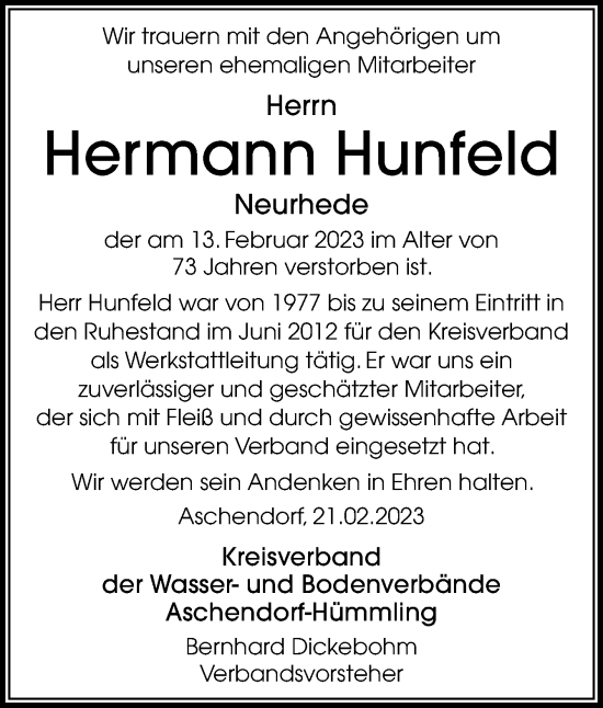 Traueranzeige von Hermann Hunfeld von Neue Osnabrücker Zeitung GmbH & Co. KG