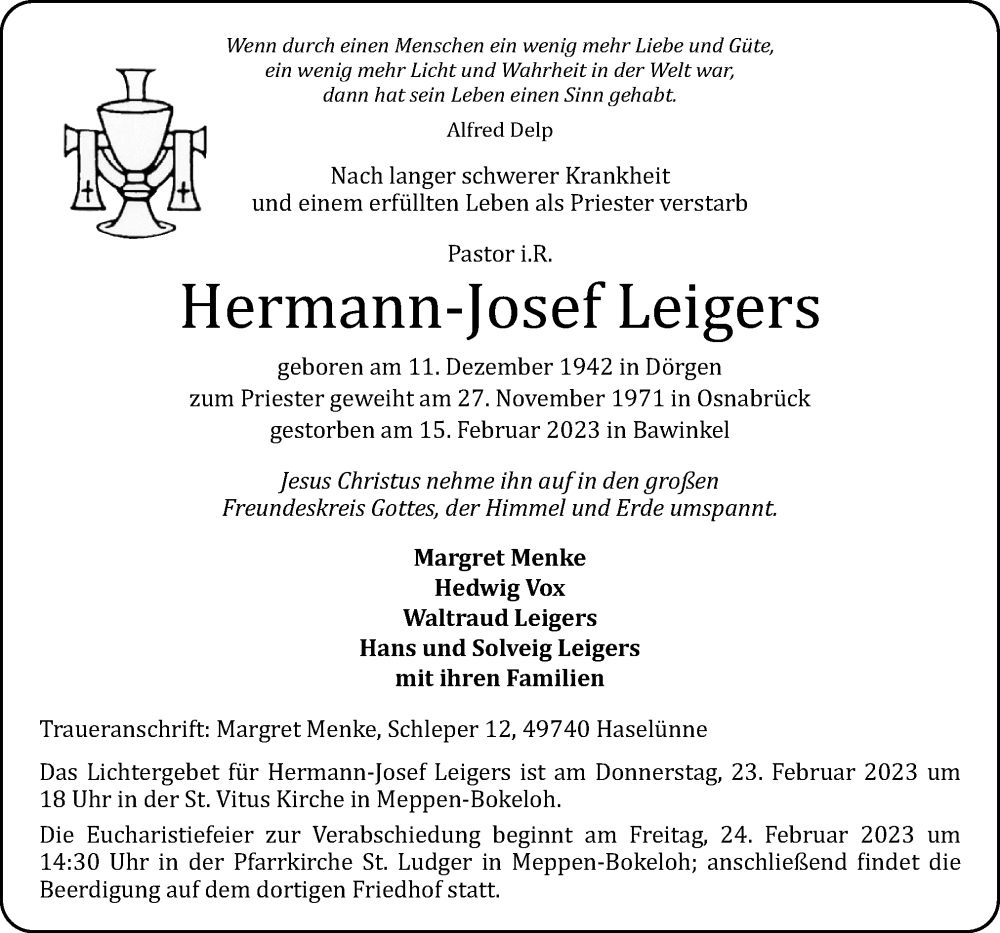  Traueranzeige für Hermann-Josef Leigers vom 18.02.2023 aus Neue Osnabrücker Zeitung GmbH & Co. KG