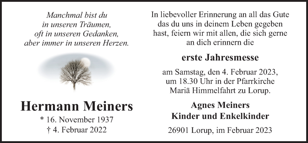  Traueranzeige für Hermann Meiners vom 01.02.2023 aus Neue Osnabrücker Zeitung GmbH & Co. KG