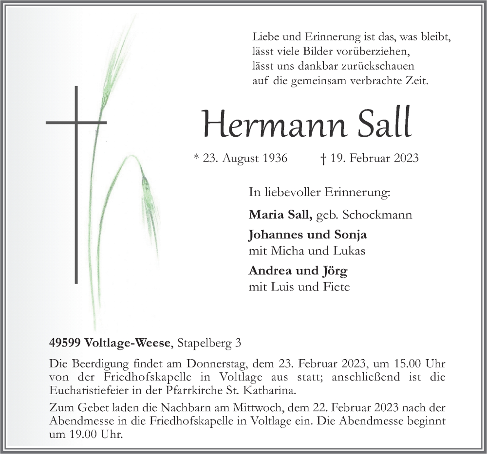  Traueranzeige für Hermann Sall vom 21.02.2023 aus Neue Osnabrücker Zeitung GmbH & Co. KG