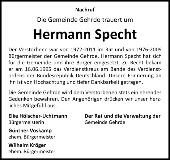 Traueranzeige von Hermann Specht von Neue Osnabrücker Zeitung GmbH & Co. KG