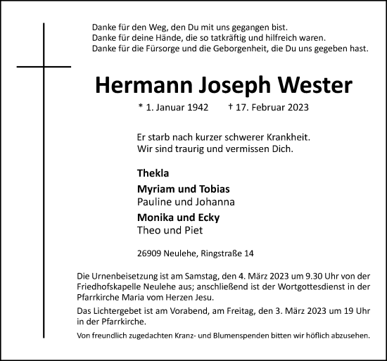 Traueranzeige von Hermann Joseph Wester von Neue Osnabrücker Zeitung GmbH & Co. KG