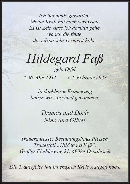 Traueranzeige von Hildegard Faß von Neue Osnabrücker Zeitung GmbH & Co. KG