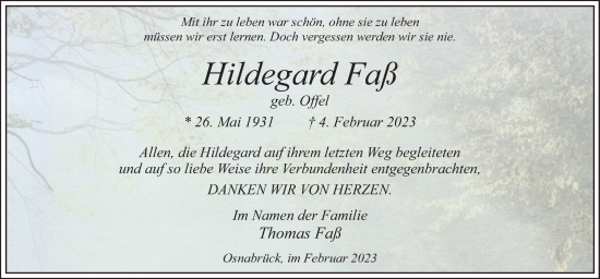 Traueranzeige von Hildegard Faß von Neue Osnabrücker Zeitung GmbH & Co. KG