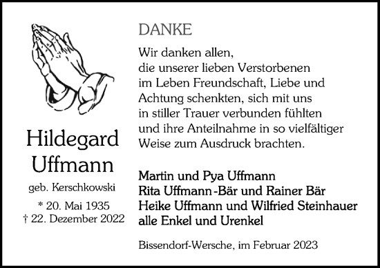 Traueranzeige von Hildegard Uffmann von Neue Osnabrücker Zeitung GmbH & Co. KG