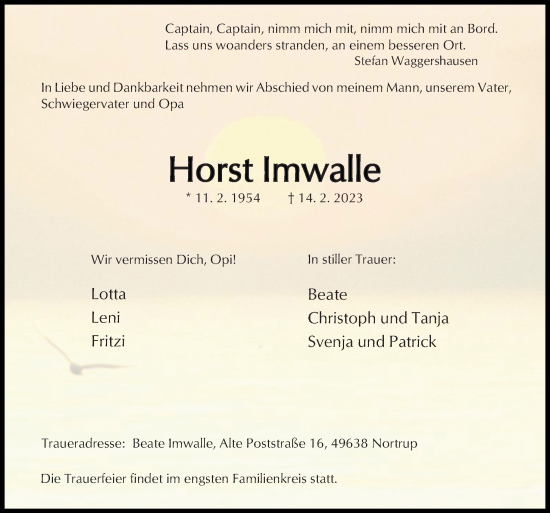 Traueranzeige von Horst Imwalle von Neue Osnabrücker Zeitung GmbH & Co. KG
