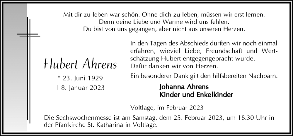  Traueranzeige für Hubert Ahrens vom 18.02.2023 aus Neue Osnabrücker Zeitung GmbH & Co. KG