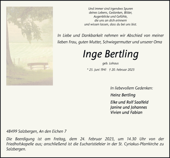 Traueranzeige von Inge Bertling von Neue Osnabrücker Zeitung GmbH & Co. KG