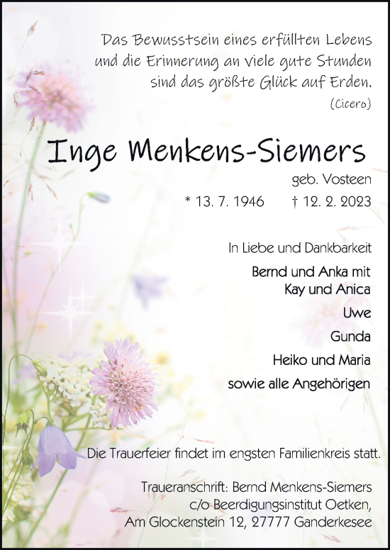 Traueranzeige von Inge Menkens-Siemers von DK Medien GmbH & Co. KG