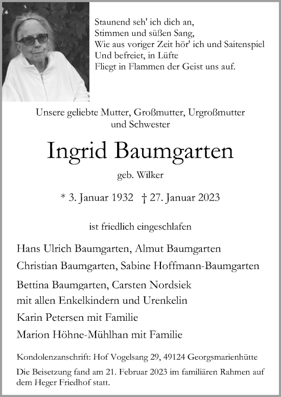 Traueranzeige von Ingrid Baumgarten von Neue Osnabrücker Zeitung GmbH & Co. KG