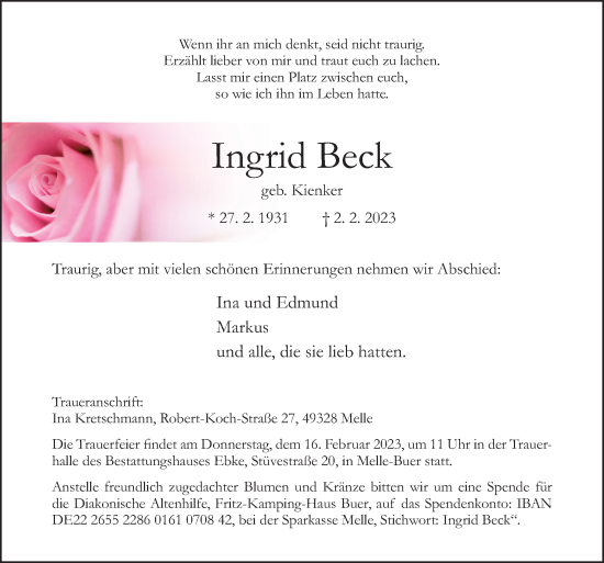 Traueranzeige von Ingrid Beck von Neue Osnabrücker Zeitung GmbH & Co. KG