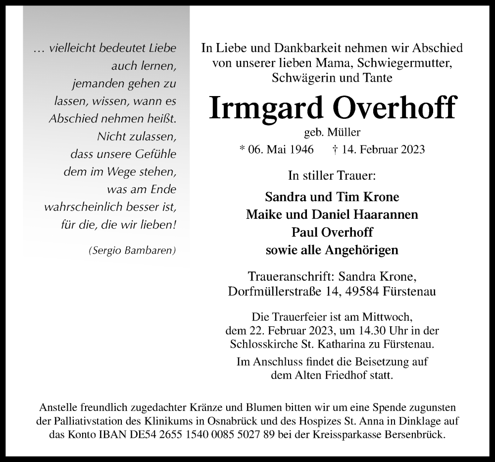  Traueranzeige für Irmgard Overhoff vom 18.02.2023 aus Neue Osnabrücker Zeitung GmbH & Co. KG