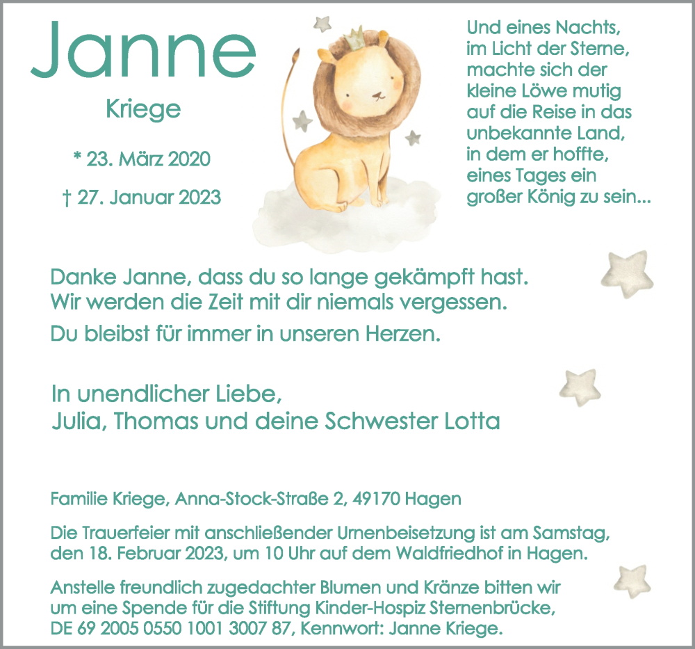  Traueranzeige für Janne Kriege vom 11.02.2023 aus Neue Osnabrücker Zeitung GmbH & Co. KG