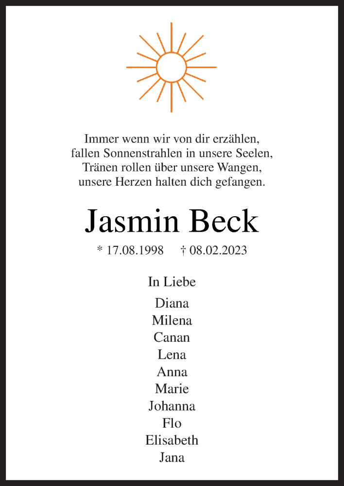  Traueranzeige für Jasmin Beck vom 16.02.2023 aus Neue Osnabrücker Zeitung GmbH & Co. KG