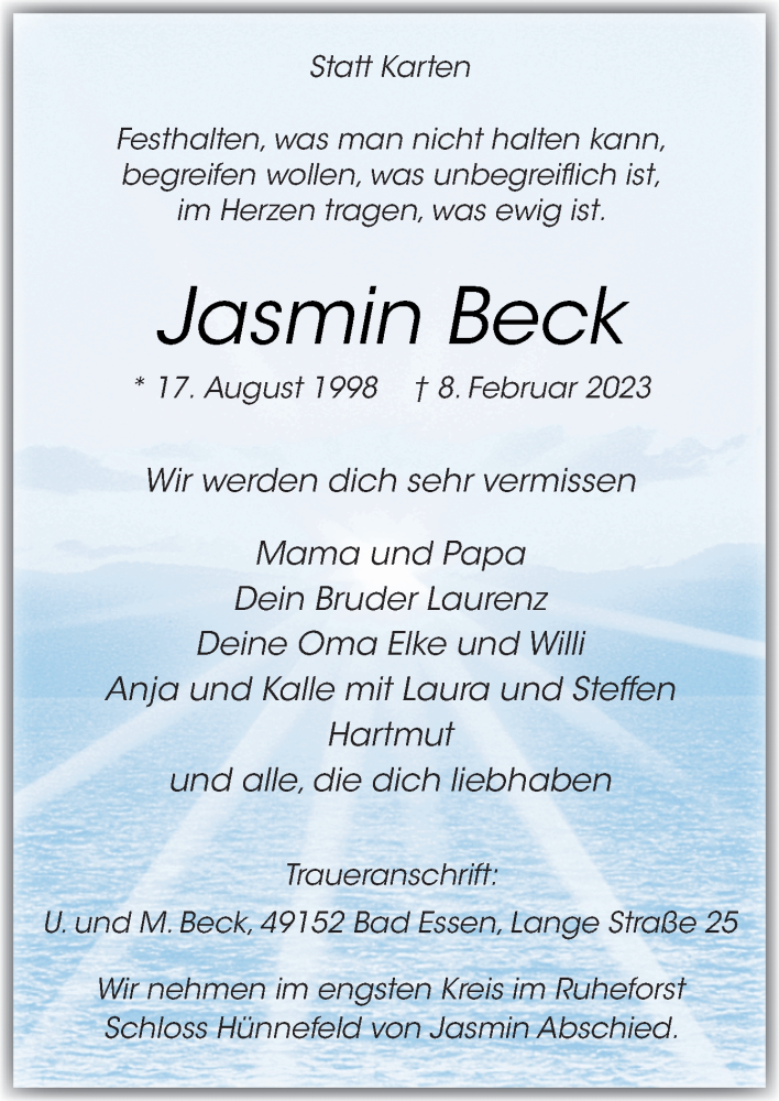  Traueranzeige für Jasmin Beck vom 16.02.2023 aus Neue Osnabrücker Zeitung GmbH & Co. KG