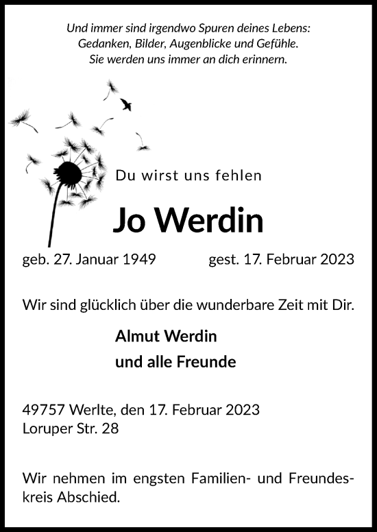Traueranzeige von Jo Werdin von Neue Osnabrücker Zeitung GmbH & Co. KG