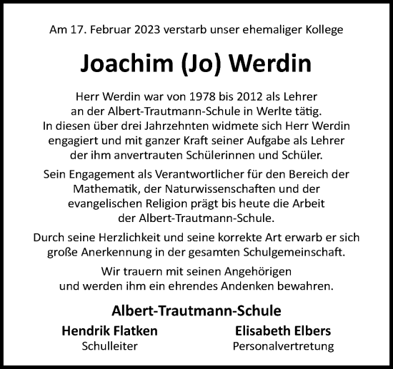 Traueranzeige von Joachim Werdin von Neue Osnabrücker Zeitung GmbH & Co. KG