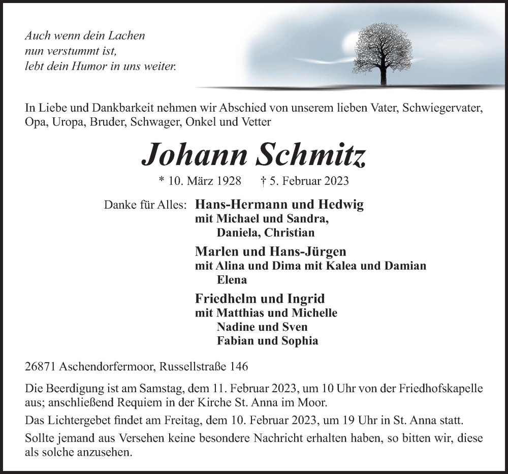  Traueranzeige für Johann Schmitz vom 08.02.2023 aus Neue Osnabrücker Zeitung GmbH & Co. KG