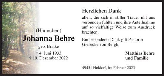 Traueranzeige von Johanna Behre von Neue Osnabrücker Zeitung GmbH & Co. KG