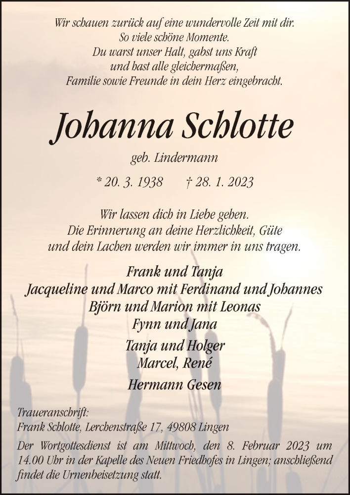  Traueranzeige für Johanna Schlotte vom 04.02.2023 aus Neue Osnabrücker Zeitung GmbH & Co. KG