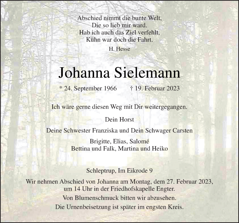  Traueranzeige für Johanna Sielemann vom 24.02.2023 aus Neue Osnabrücker Zeitung GmbH & Co. KG