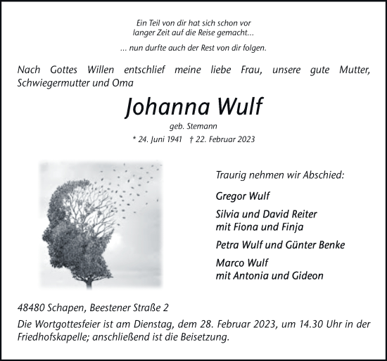 Traueranzeige von Johanna Wulf von Neue Osnabrücker Zeitung GmbH & Co. KG