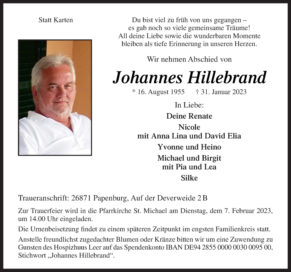  Traueranzeige für Johannes Hillebrand vom 03.02.2023 aus Neue Osnabrücker Zeitung GmbH & Co. KG