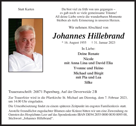 Traueranzeige von Johannes Hillebrand von Neue Osnabrücker Zeitung GmbH & Co. KG
