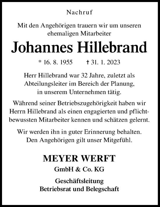 Traueranzeige von Johannes Hillebrand von Neue Osnabrücker Zeitung GmbH & Co. KG