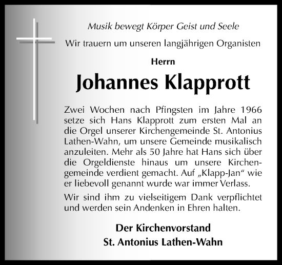 Traueranzeige von Johannes Klapprott von Neue Osnabrücker Zeitung GmbH & Co. KG