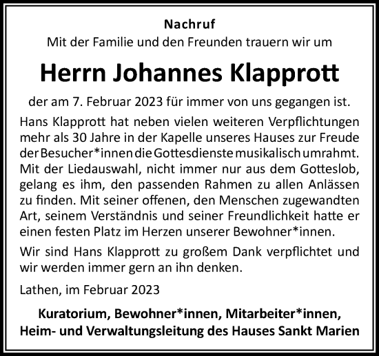 Traueranzeige von Johannes Klapprott von Neue Osnabrücker Zeitung GmbH & Co. KG