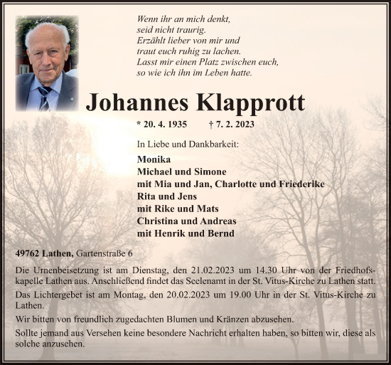 Traueranzeige von Johannes Klapprott von Neue Osnabrücker Zeitung GmbH & Co. KG