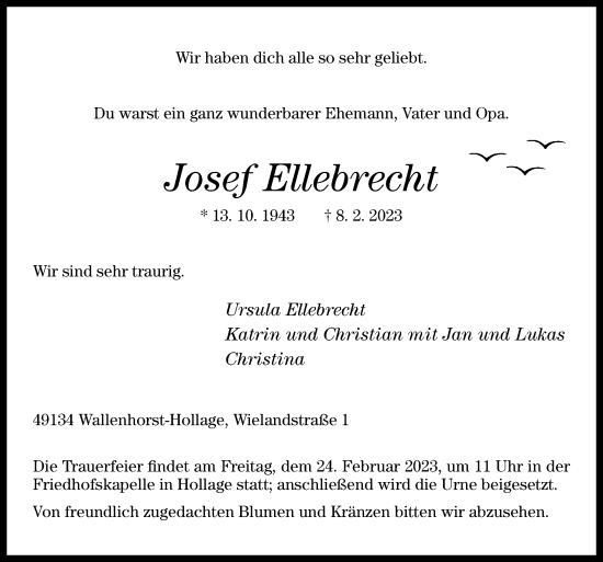 Traueranzeige von Josef Ellebrecht von Neue Osnabrücker Zeitung GmbH & Co. KG